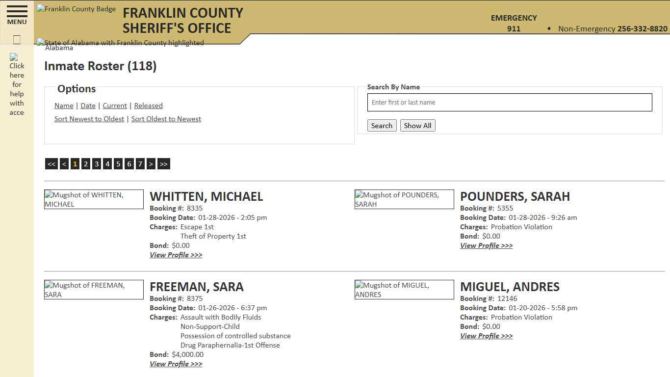 Inmate Roster - Current Inmates Booking Date Descending - Franklin County AL Sheriff's Office